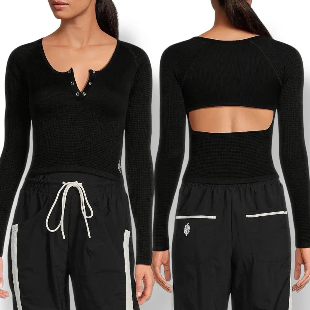 $68 NWT Free People FP Movement Bail Out Long Sleeve Layer Tee Shirt Black M/L